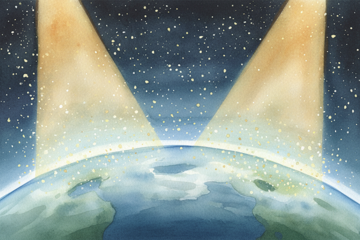 Now, when sunlight ~~slams into~~ Earth's atmosphere — that **thick blanket of air** wrapped around the planet — somethi