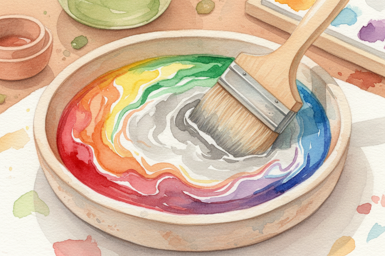 When all the colors *scatter together in equal amounts*, they mix back into white light. It's **like stirring every pain