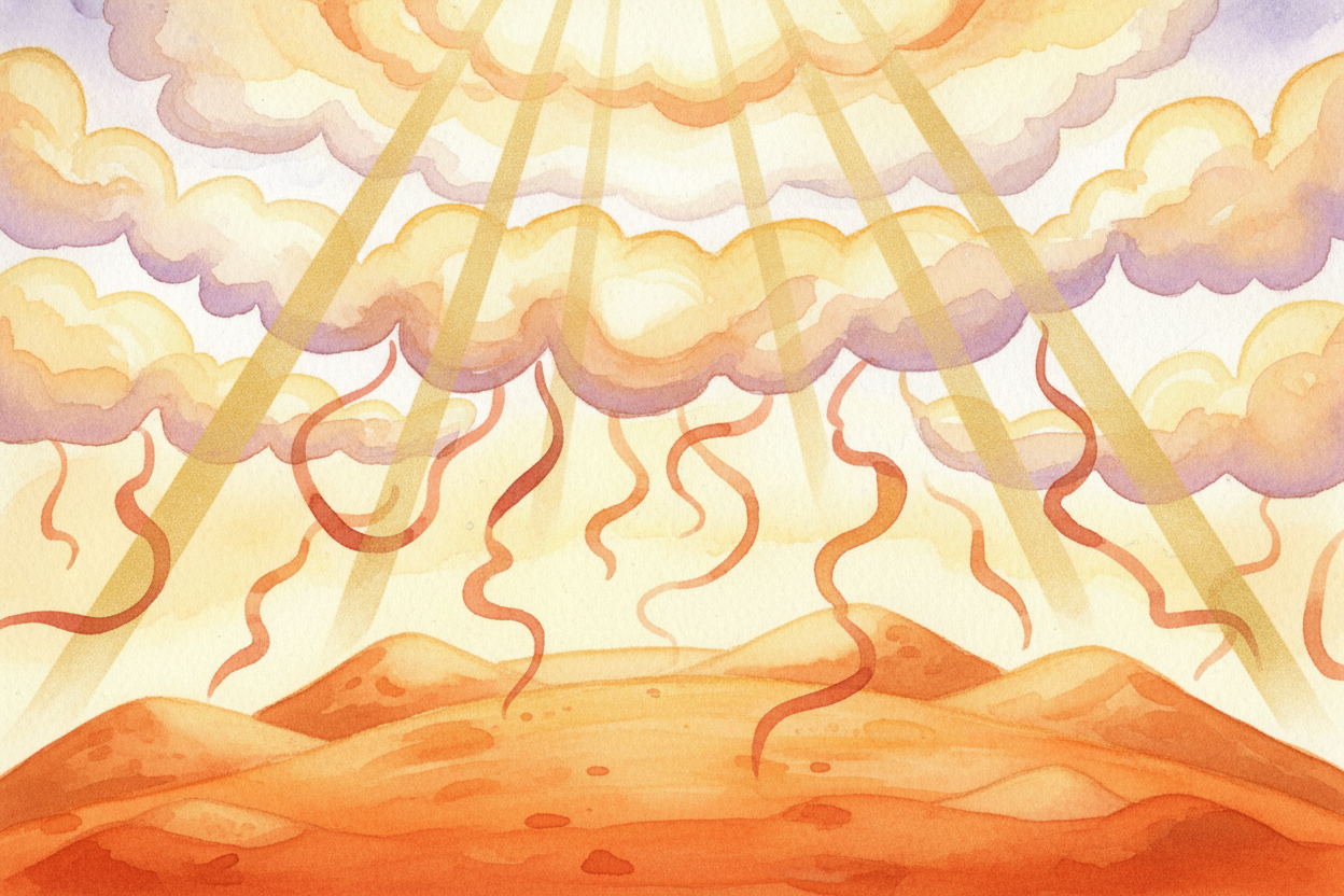 ~~Here's how the trap works.~~ Sunlight slips down through the clouds and warms the rocky ground. The ground glows back 