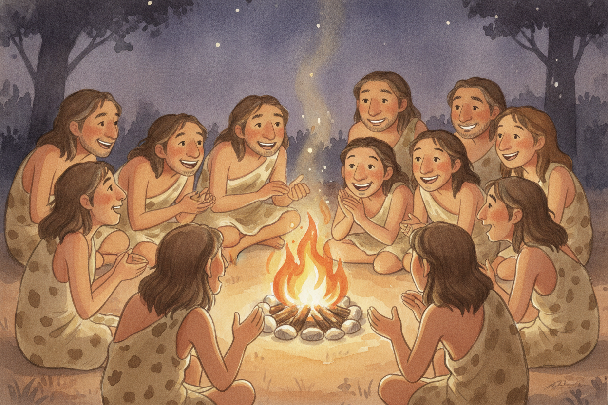 그리고 여러분이 모닥불 곁에 앉을 때마다 하는 일이 ~~바로 이 부분이에요.~~ 불은 *모두를 한데 모이게* 했어요. 사람들은 해가 진 뒤에도 오랫동안 그 빛 속에 모였고, 어두워지자마자 잠들 필요가 없어졌지요. 그