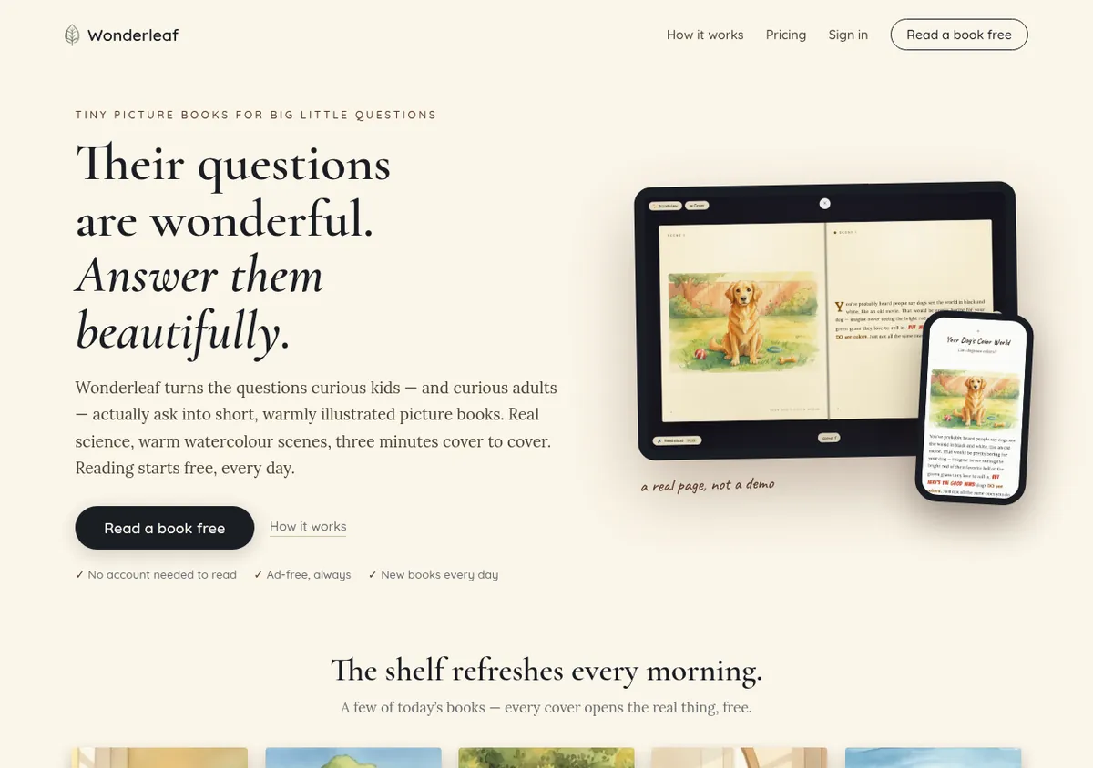 The Wonderleaf home page in a desktop browser: the headline 'Their questions are wonderful. Answer them beautifully.' beside a tablet and a phone that each show a real book open in the reader.