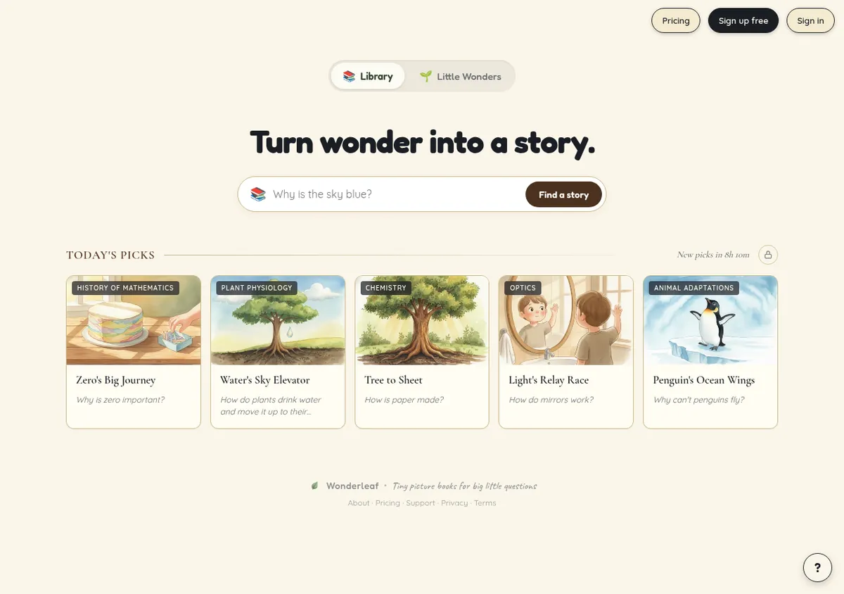 The Wonderleaf web app: the heading 'Turn wonder into a story', a search box reading 'Why is the sky blue?', and Today's Picks — five illustrated books, each tagged by topic.