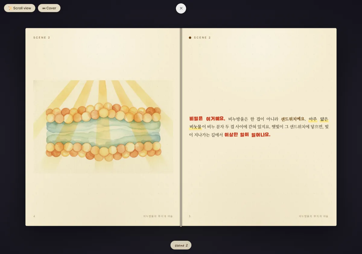 A Wonderleaf book open in the reader in Korean: a watercolour cross-section of a soap-bubble film glowing in sunlight on the left page, Korean prose on the right.