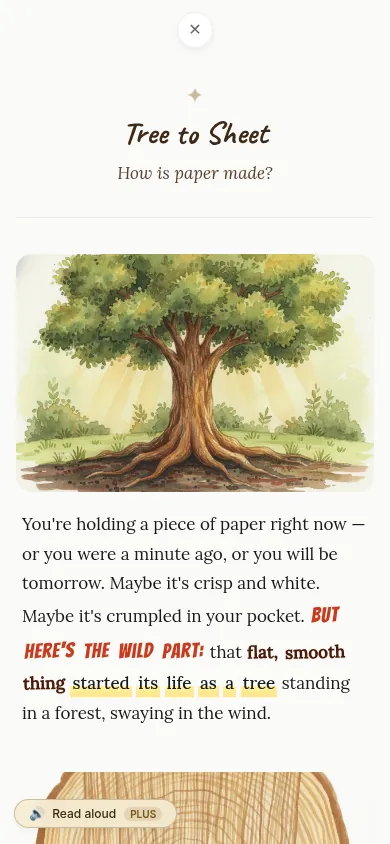 Wonderleaf on a phone: the book 'Tree to Sheet' open in the reader, showing a watercolour tree illustration above the opening text.