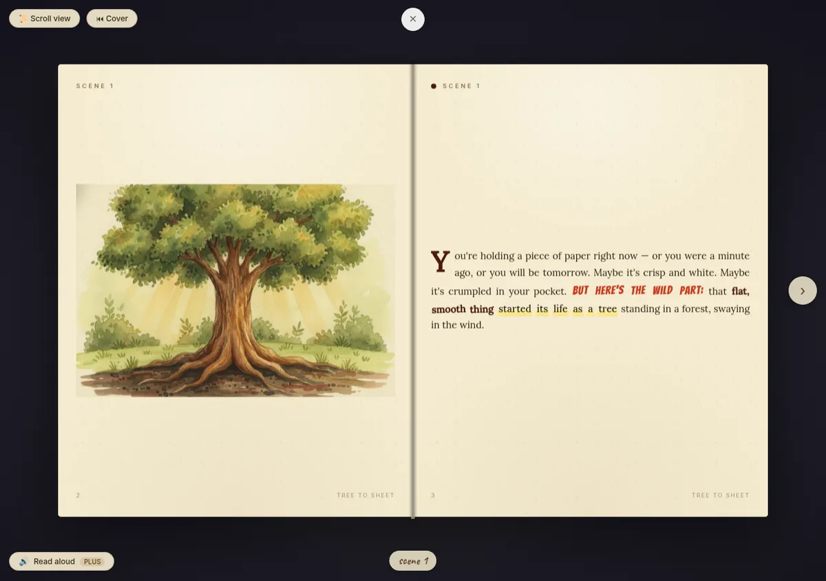 A Wonderleaf book open in the web reader as a two-page spread: a watercolour illustration of a large tree on the left page and the opening prose on the right.