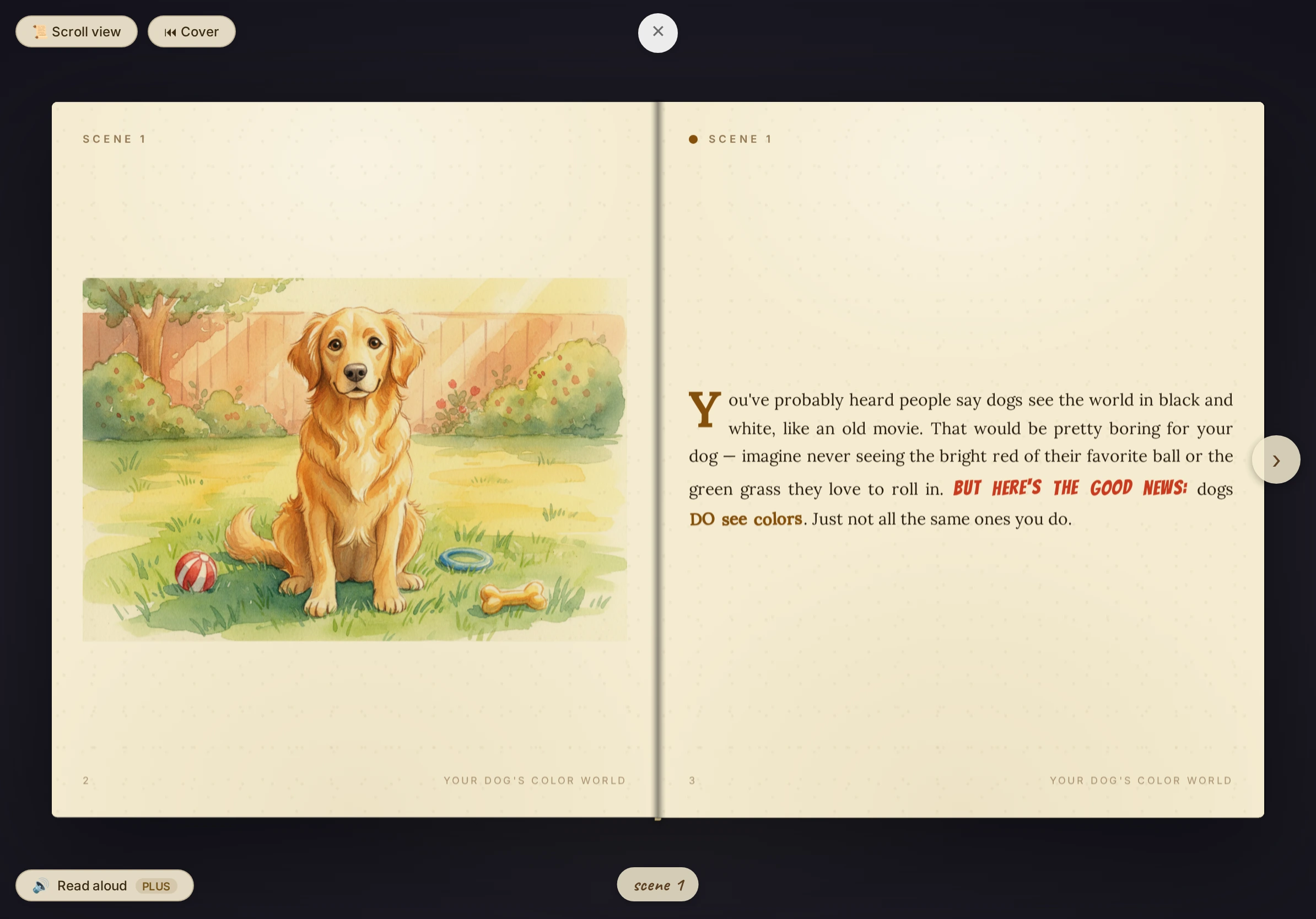 Wonderleaf on an iPad: the real Book view — a book laid open on a deep navy backdrop as a two-page spread, a watercolour golden retriever in a sunlit garden on the left page, the opening prose on the right.