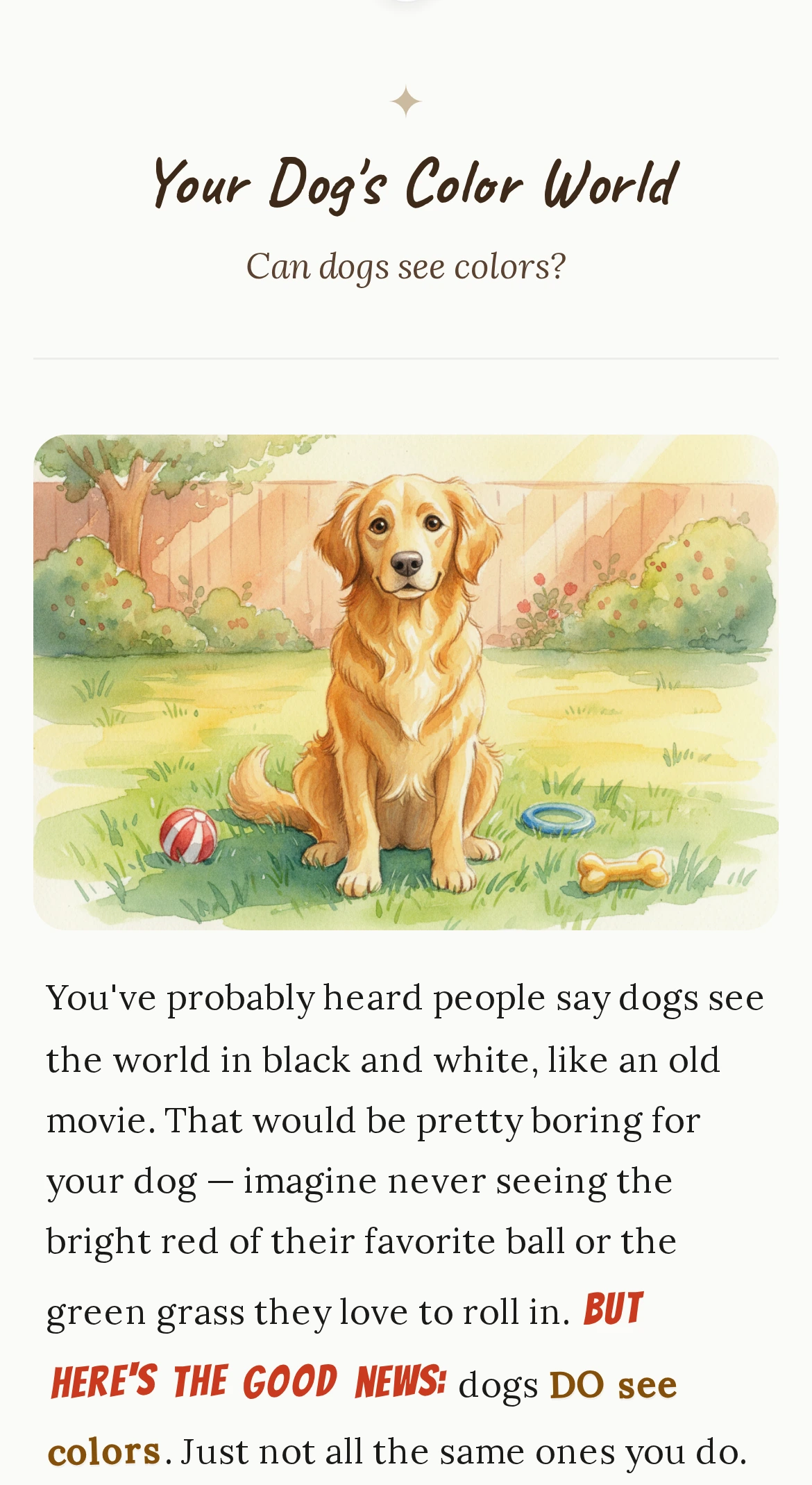 Wonderleaf on a phone: Your Dog's Color World open to its first page — the title, the question 'Can dogs see colors?', and the watercolour golden retriever.
