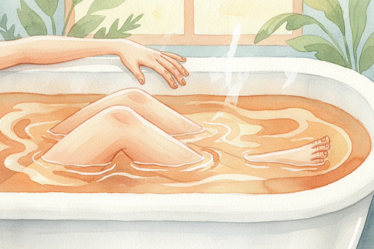 A child soaking in a warm bath, steam curling up from the water