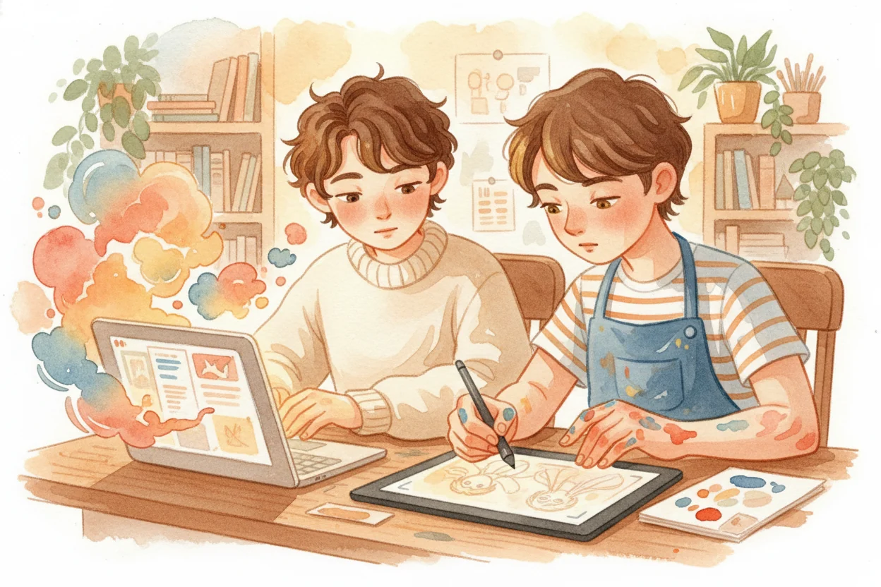 Two kids making a picture book together, arms splattered with paint