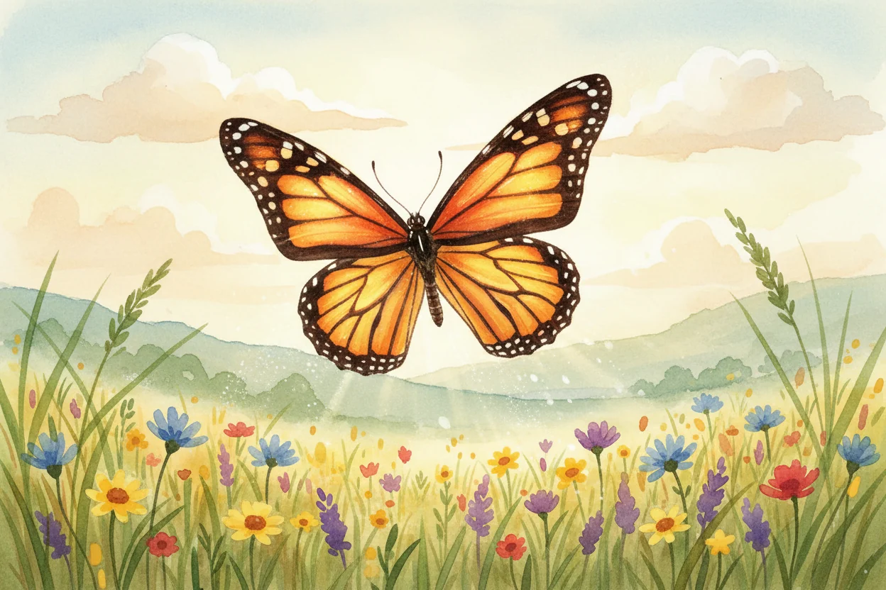 A monarch butterfly sailing over a luminous wildflower meadow