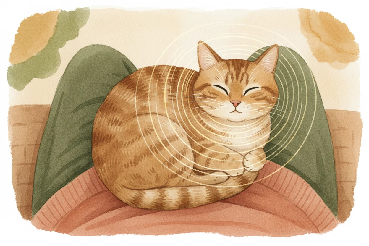 A curled tabby cat with soft purr-rings on a green cushion