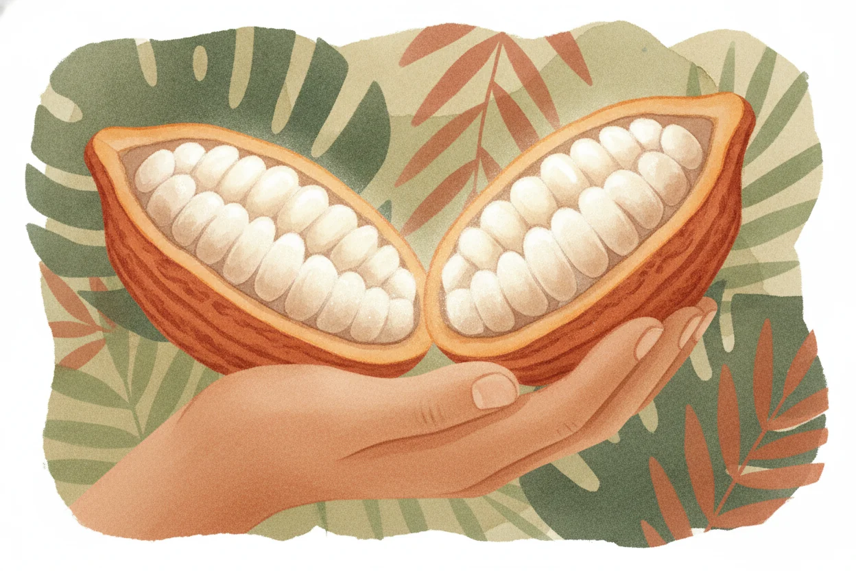 A split cacao pod held in cupped hands over bright cut-paper leaves