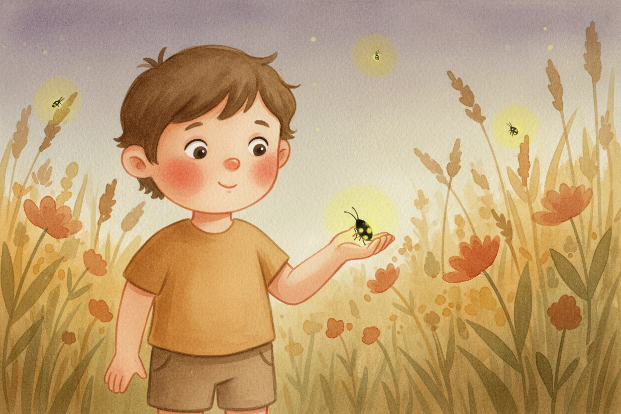 A boy cradling a single glowing firefly at dusk in a wildflower meadow