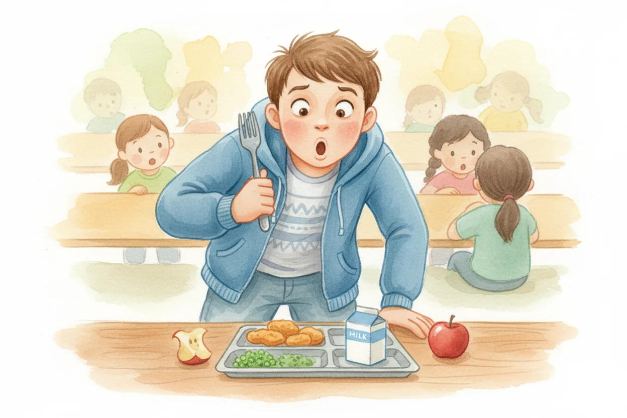 A startled boy mid-hiccup at a school lunch table
