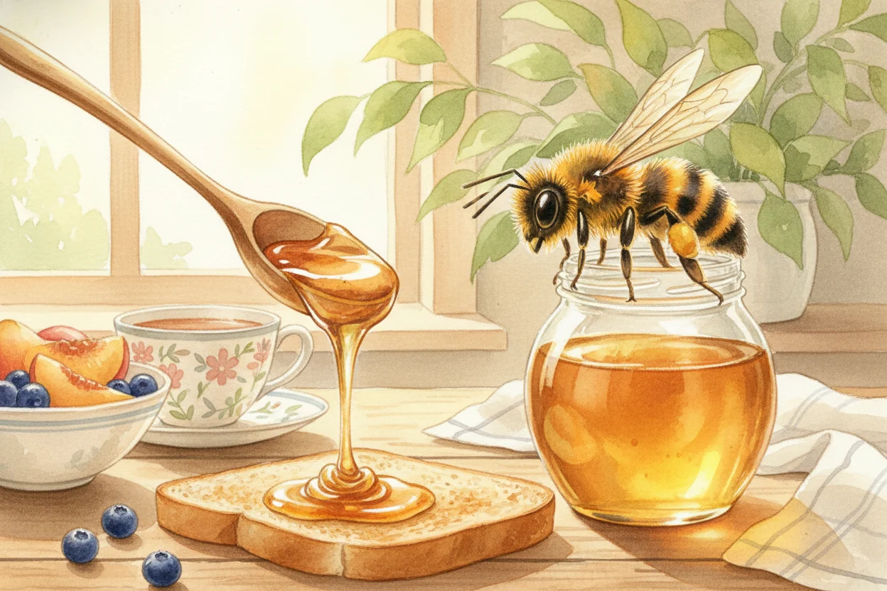 A ribbon of honey over toast at the cosiest breakfast table