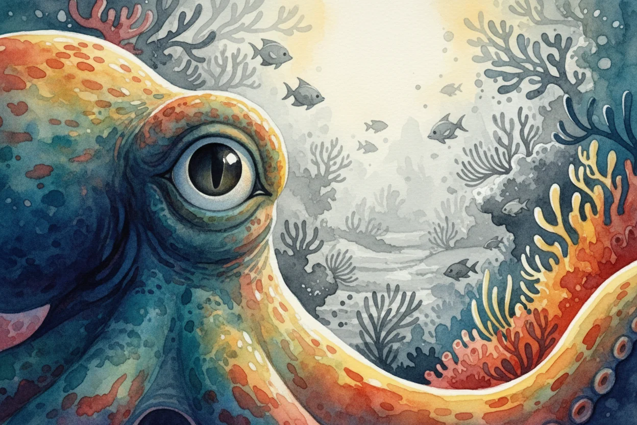 A giant octopus eye, colour blooming across its skin