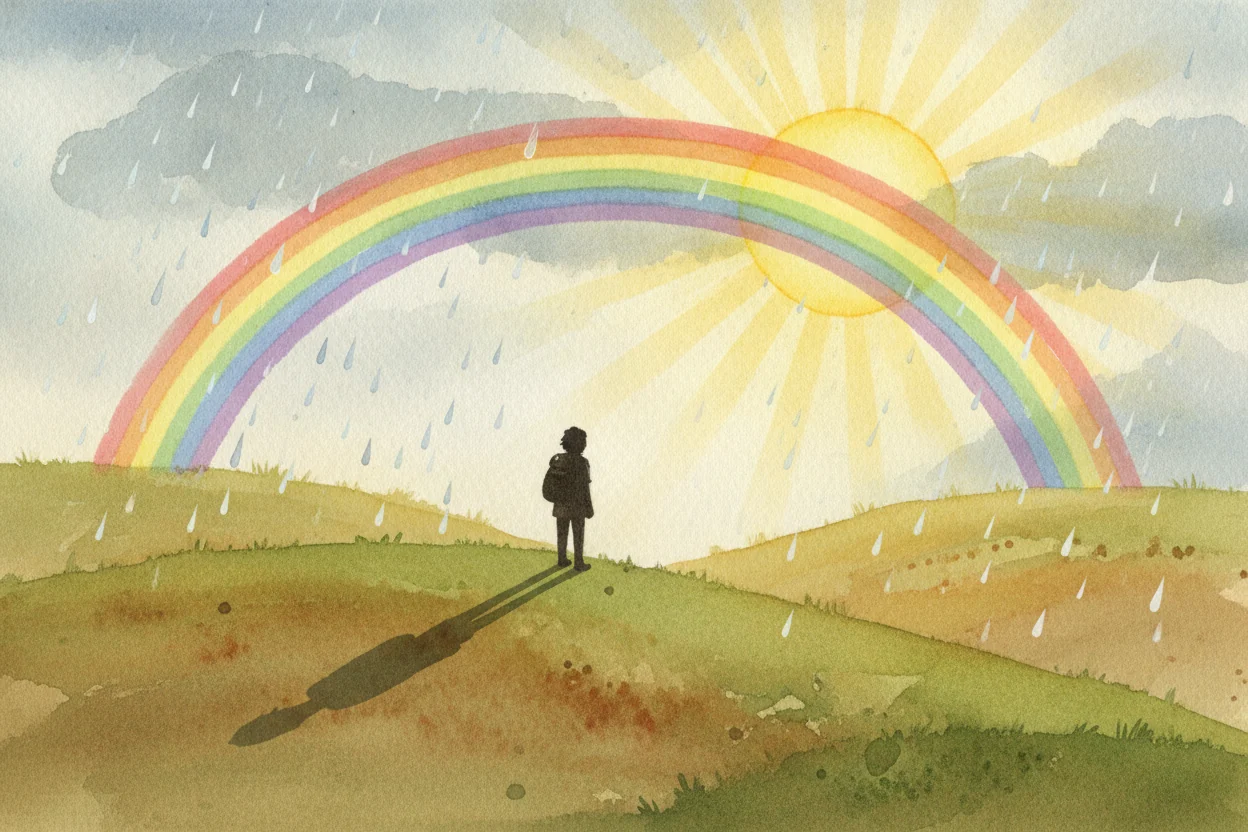 A small silhouette under a full rainbow, sun rays through the last of the rain