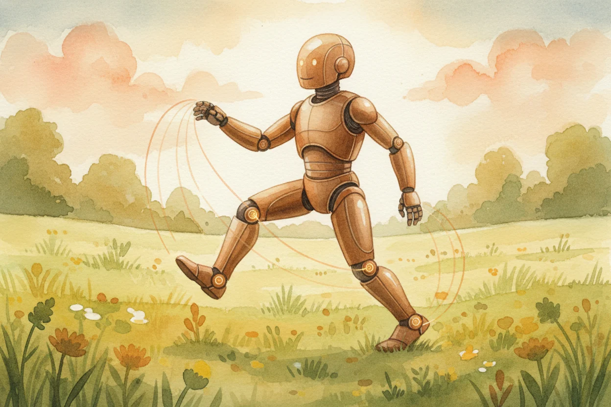 A friendly wooden robot striding across a flower meadow