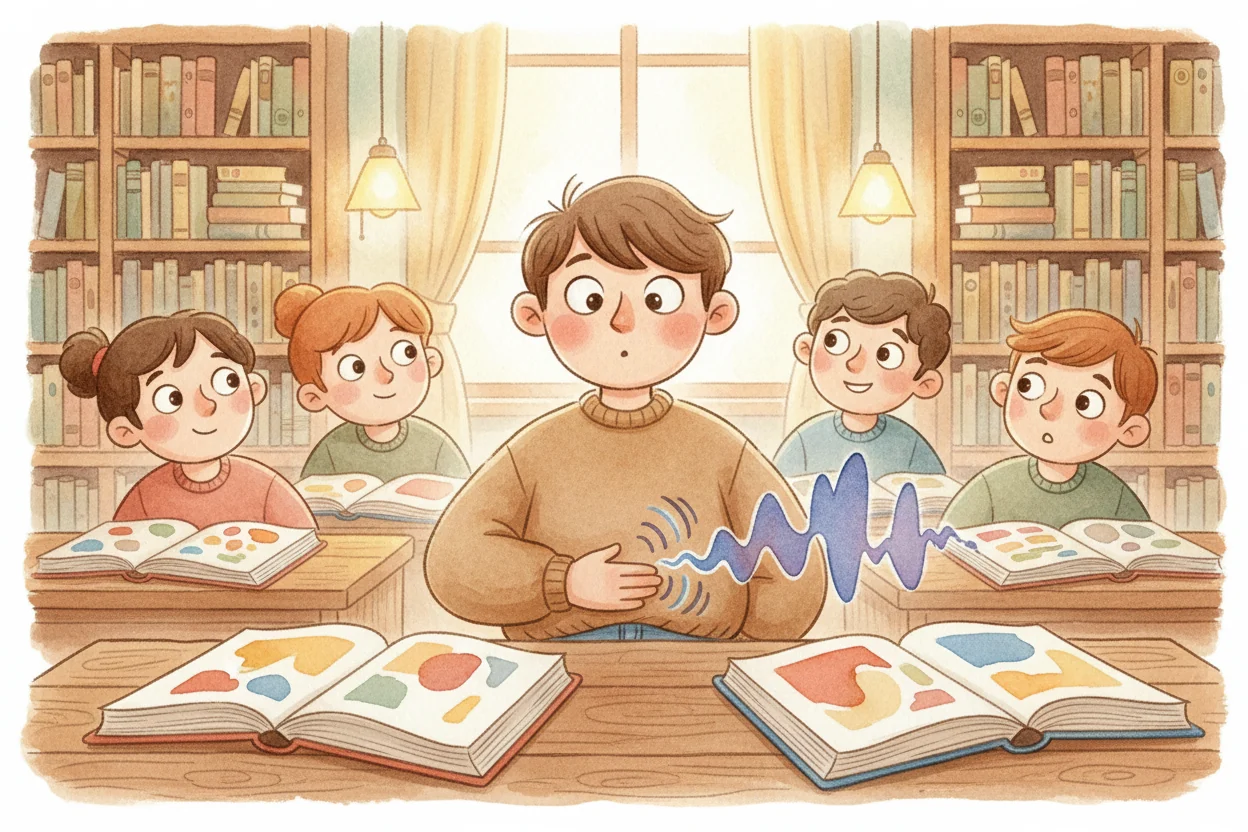 Kids at a library table, one flushing red as a bright growl-squiggle escapes his tummy