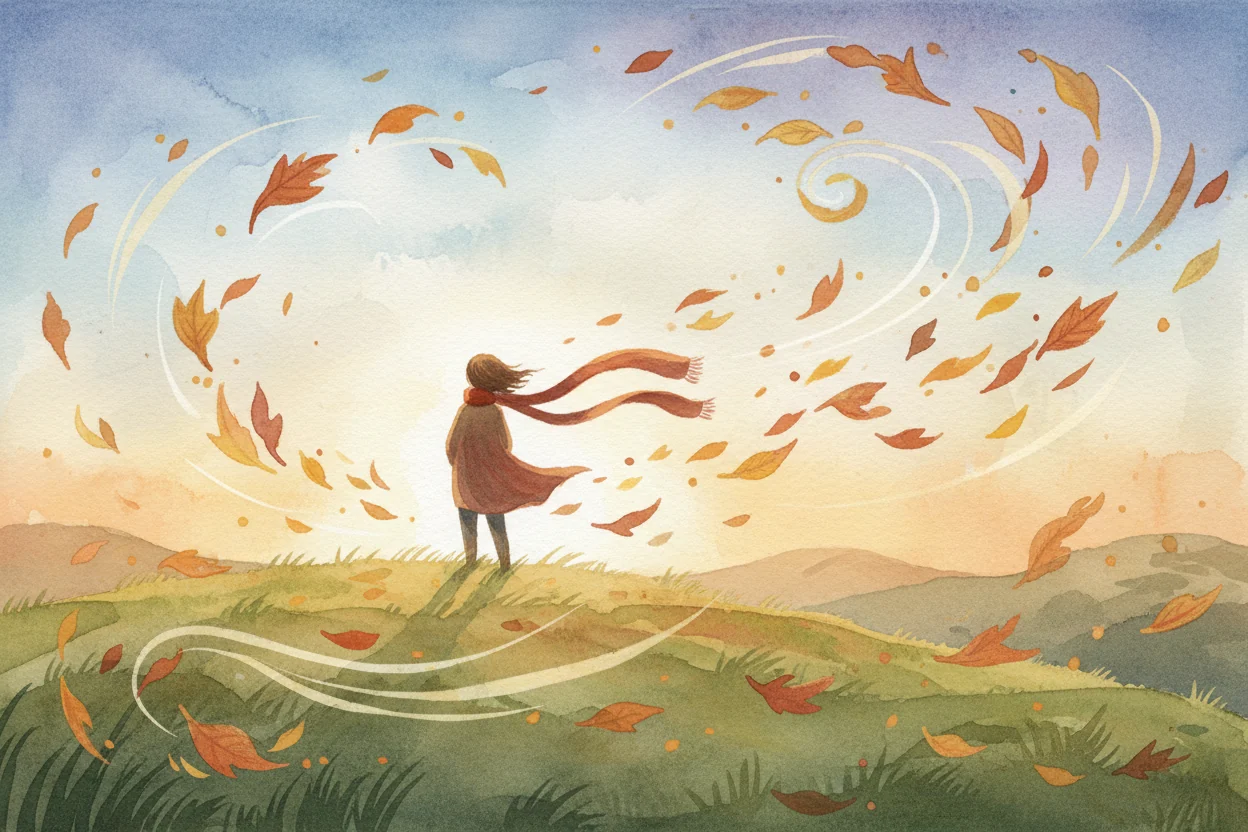 A girl on a hilltop in a joyful swirl of autumn leaves